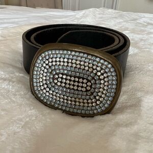 Elegant Black Belt with Crystal Embellished Buckle